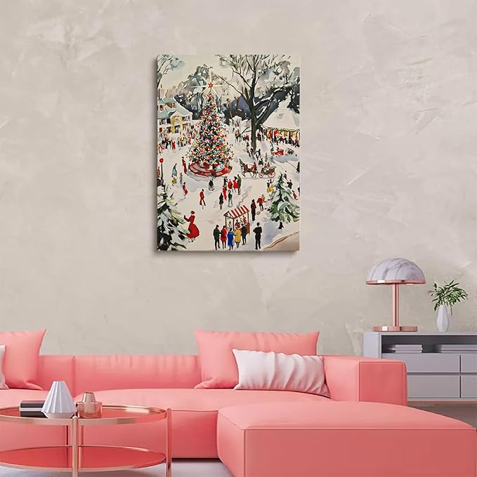 Winter Town Square Wall Art Print: Festive Christmas Scene,Christmas Village Painting,Seasonal Holiday Decor
