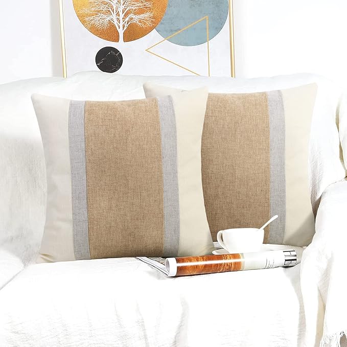 Pyonic Pack of 2 Boho Pillow Covers Farmhouse Decorative Square Pillowcases for Couch Sofa Living Room Outdoor Decor,Cream White and Grey,18 x 18-Inch