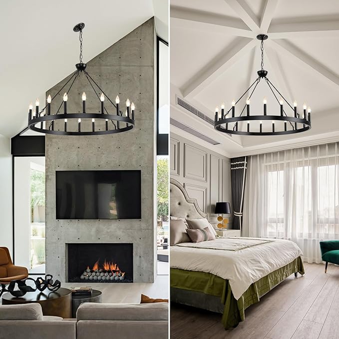 Wagon Wheel Chandeliers 40" 20-Light, Black Modern Farmhouse Chandelier with Adjustable Height, Hanging Island Light Fixture for Dining Living Ceiling Room Outdoor