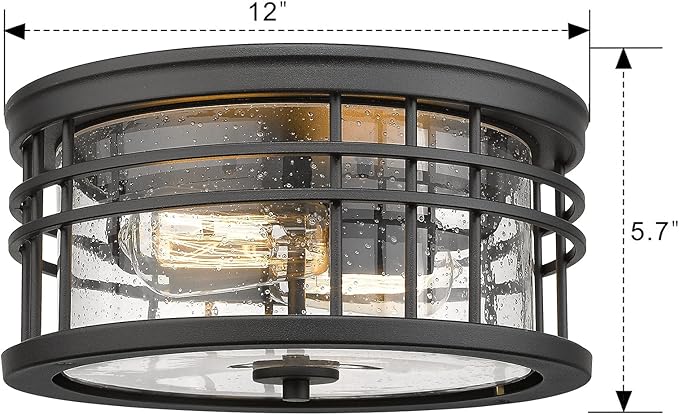 zeyu Flush Mount Ceiling Light, 2-Light Farmhouse Semi Ceiling Light Fixture for Kitchen Hallway 12 Inch, Black Finish with Seeded Glass, ZW01-F BK