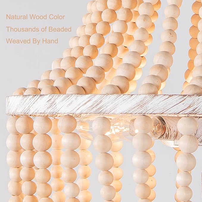Topaluce18-inch Boho Wood Beaded Chandelier Modern Farmhouse Ceiling Pendant Hanging Lighting Fixture for Dining Room, Foyer, Bedroom,Kitchen Island, Living Room