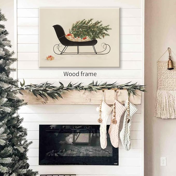 Winter Holiday Sleigh Canvas Wall Art Vintage Christmas Tree Poster Retro Botanical Pine Tree Sketch Painting Prints 16x24 inch Framed for Living Room Bedroom Wall Decor