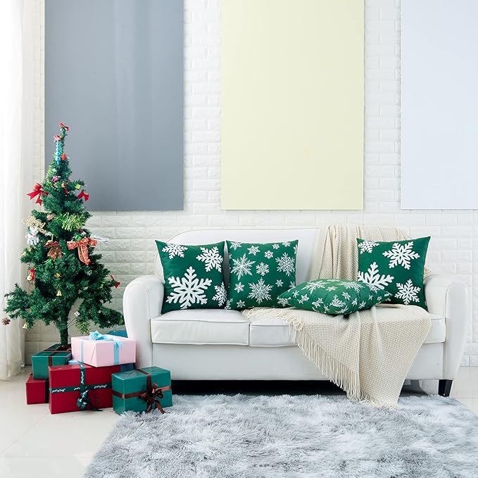 HWY 50 Green Decorative Throw Pillow Covers 18x18 Inch for Couch Sofa Living Room Bed, Soft Christmas Big and Small Snowflakes Print Throw Pillows Cases Set Cushion Cover Pack of 2