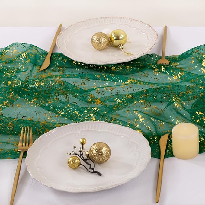 Socomi Christmas Snow Table Runner Gold Gauze Sheer Chiffon Cheesecloth Sequin 10FT Glitter Metallic Foil Dining Wedding Birthday Party Fall Winter Holiday Centerpiece Table Decor 3pcs Emerald Green