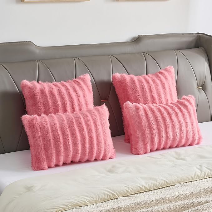 FUTEI Hot Pink Decorative Throw Pillow Covers 26x26 Inch Set of 2,Soft Fluffy Faux Rabbit Fur Dyeing Striped Textured Euro Pillow Shams,Modern Home Decor for Couch Bed Living Room