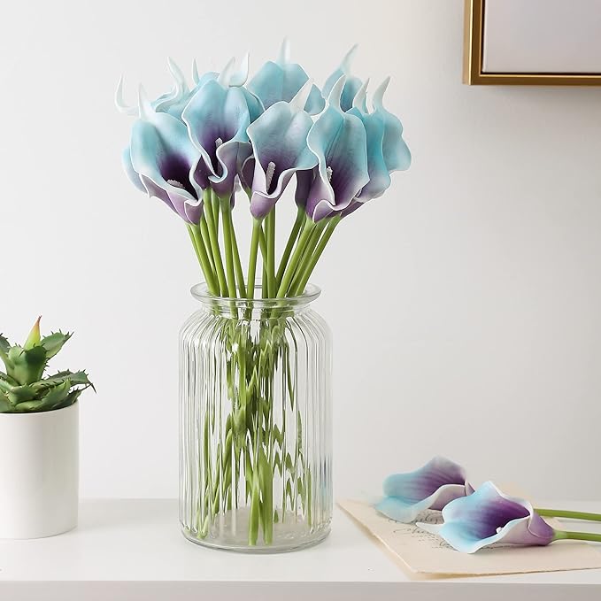 Duovlo 20pcs Calla Lily Bridal Wedding Bouquet Lataex Real Touch Artificial Flower Home Party Decor (Purple in Blue)