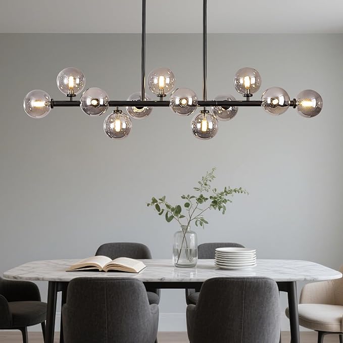 50 Inch Large Sputnik Globe Chandelier, 12-Light Mid Century Modern Light Fixture Over Table, Black Linear Chandeliers for Dining Room Kitchen Island Living (Smoke Grey Bubble Shades)