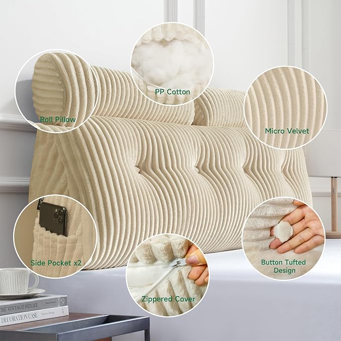 Z-hom Large Wedge Pillow Headboard, King Triangular Headboard Pillow, Reading Pillow Bed with a Roll Pillow for Bed Sitting Up Sleeping, Backrest Cushion Headboard Gap Pillow for Back, Beige Cream