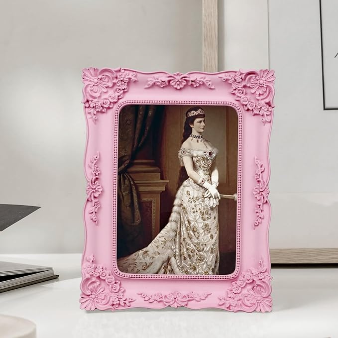Pink Picture Frame 5x7 Vintage Victorian Picture Frame Antique Ornate Baroque for Tabletop or Wall Hanging Small with Glass Front