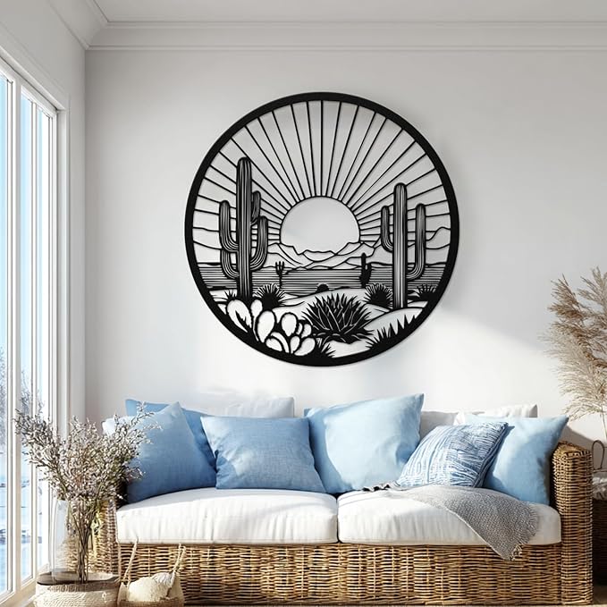 Desert Cactus Metal Wall Art, Round Desert Wall Decor with Cactus and Sunset Design, Metal Wall Art for Living Room Bedroom Entryway, Western Outdoor Cactus Decor (Black, 31" x 31" / 80 x 80 cm)