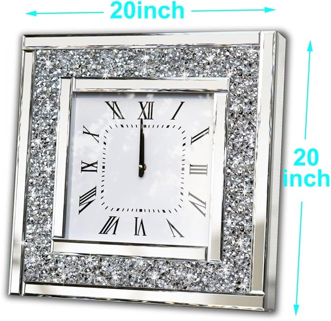 DMDFIRST Silver Square Mirror Clock 20x20inches Crystal Sparkle Twinkle Bling Crushed Diamond Mirrored Large Wall Clock for Wall Decoration Silver Glass Mirror Home Décor. AA Battery is not Included.