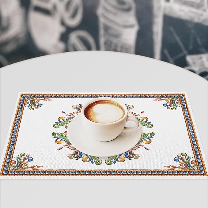 Boho Tiles Placemat Set of 4, 12x18 Inch Rustic Floral Birds Mexican Talavera Ceramic Mexico Tiles Dia De Los Muertos Coffee Vintage Table Mats for Outdoor Kitchen Dining Table Decoration