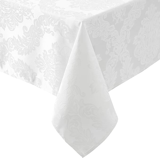 Newbridge Barcelona Luxury Damask Fabric Tablecloth, 100% Polyester, No Iron, Soil Resistant Holiday Tablecloths and Napkins, 60 x 102 inch Rectangle, White