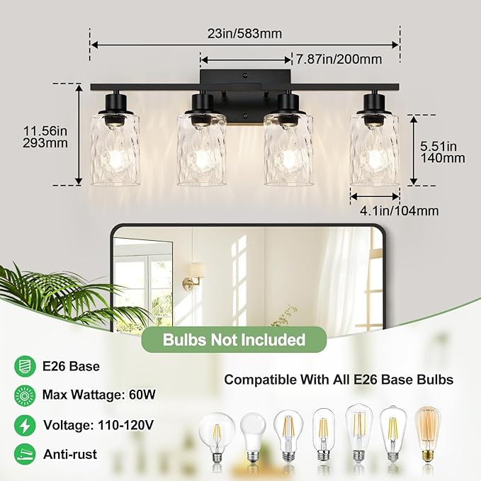 4-Light Bathroom Light Fixtures, Matte Black Vanity Light with Water Ripple Clear Glass Shades for Mirror, Living Room, Bedroom, or Porch