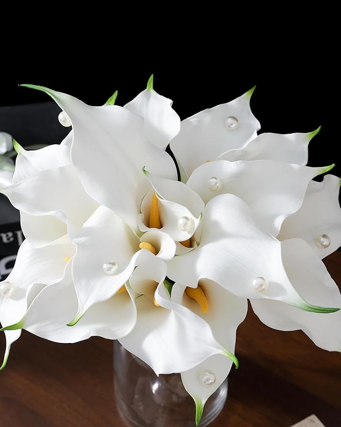 Round Bridal Bouquet:16 Stems White Calla Lily Pearl Bouquet EVA Real Touch-Wedding Bouquet for Bride/Bridesmaid