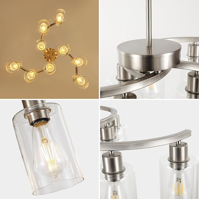 9-Light Brushed Nickel Kitchen Light Fixtures ,29.5" Large Chandeliers for Dining Room, Modern Dining Table Light Fixture,Metal Bracket Pendant Lighting with Downward Clear Glass Shade