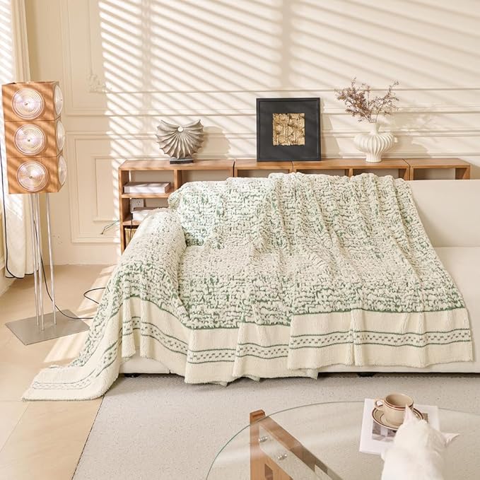 ROOMLIFE Thicked Striped Boho Green Couch Cover for 2-3 Cushion Sofa, Fuzzy Plush Warm Sofa Slipcovers Sectional Sofas Covers, Non Slip Washable Furniture Protector Soft with Tassel,Winter 71''X150”