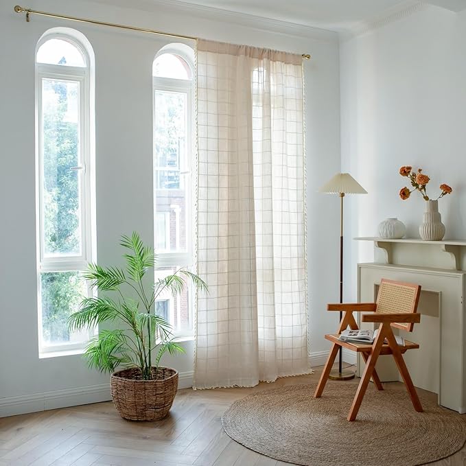 Sutuo Home Boho Curtains for Kitchen Bedroom Kid's Room 63 Inch Length,Bohemian Farmhouse Vintage Chic with Tassels Linen Country Window Treatment Drape, 1 Panel 52" W x 63" L, Light Coffee Plaids
