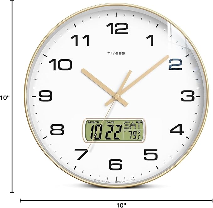 Wall Clock, 10" Dial Non-Ticking Silent Battery Operated Analog with LCD Display for Perpetual Calendar and Fยฐ Temperature, Ideal Modern Home, Bedroom, Kitchen, Office Decor (Gold)