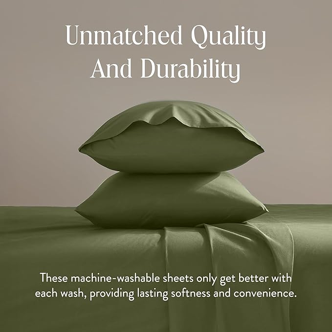 Brooklinen Luxury Sateen 4 Piece Sheet Set - 100% Cotton Bed Sheets, Soft & Durable Twin Sheet Set in Fresh Moss, Oeko-TEX Certified Bedding Set, 1 Fitted Sheet, 1 Flat Sheet, 2 Pillowcases