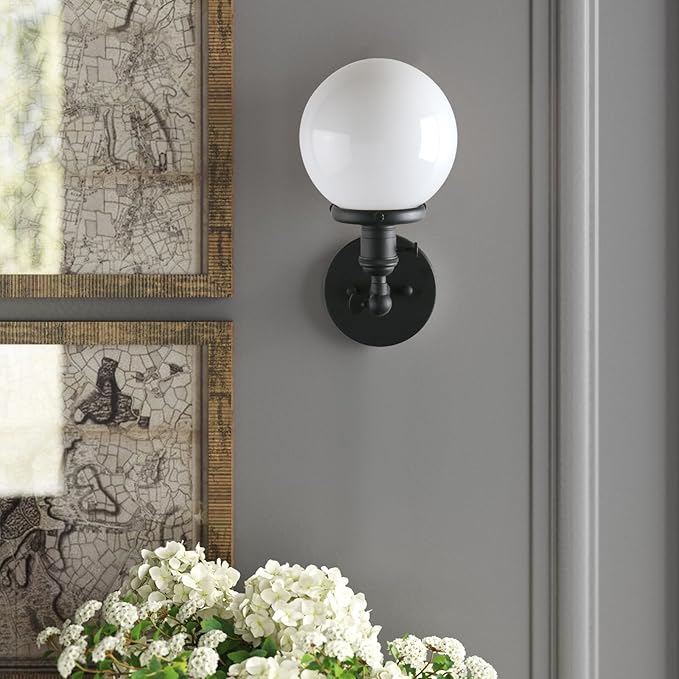 PERMO Vintage Industrial Wall Sconce Lighting Fixture with 5.9" Round Globe Milk White Glass Hand Blown Shade (Matte Black)
