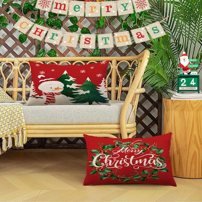 Neatee Living Christmas Pillow Covers 12x20 Set of 4 Red Xmas Vintage Throw Pillows Christmas Tree Gnome Snowman Pillow Cases Outdoor Sofa Couch Cushion Covers for Home Decorations (12 by 20)