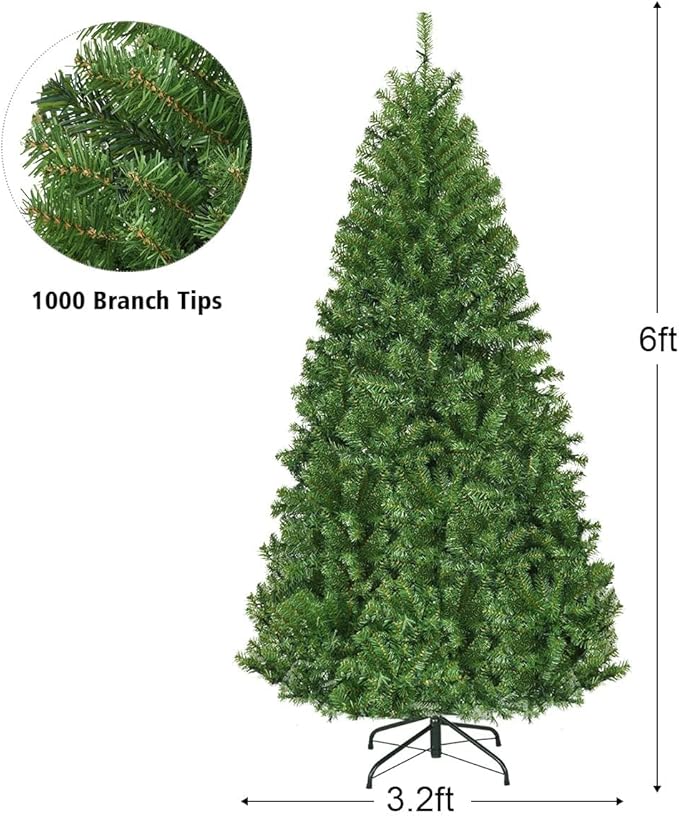HAPPYGRILL 6 FT Pre-Lit Artificial Christmas Tree, Artificial Hinged Tree with 350 LED Lights, 1000 PVC Branch Tips and Foldable Base, Premium Spruce Tree with 11 Color Modes for Holiday Decor