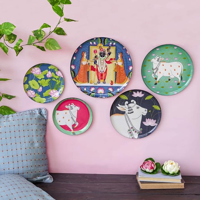 RITUALISTIC Pichwai Iron Wall Art Plates – Set of 5 Decorative Plates | Indian Wall Art for Home Decor | Wall Decor for Living Room & Bedroom | Handcrafted Metal Wall Hanging | Christmas gifts