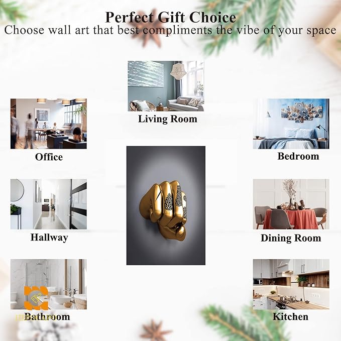 3D Wall Art - Abstract 3D Metal Effect Canvas Wall Art, 3D Modern Wall Art for Office, Golden Boxer Gesture 3D Art Wall Decor for Modern Bedroom Decor Framed 12”x18”x1Pcs