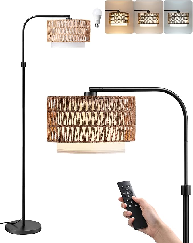 EDISHINE Arc Floor Lamps for Living Room Rattan Boho Floor Lamp with Remote Control,Dimmable Standing Lamp Wicker Lamp Shades Black Standing Lamp with 5 Color Temperature Tall Floor Lamps for Bedroom