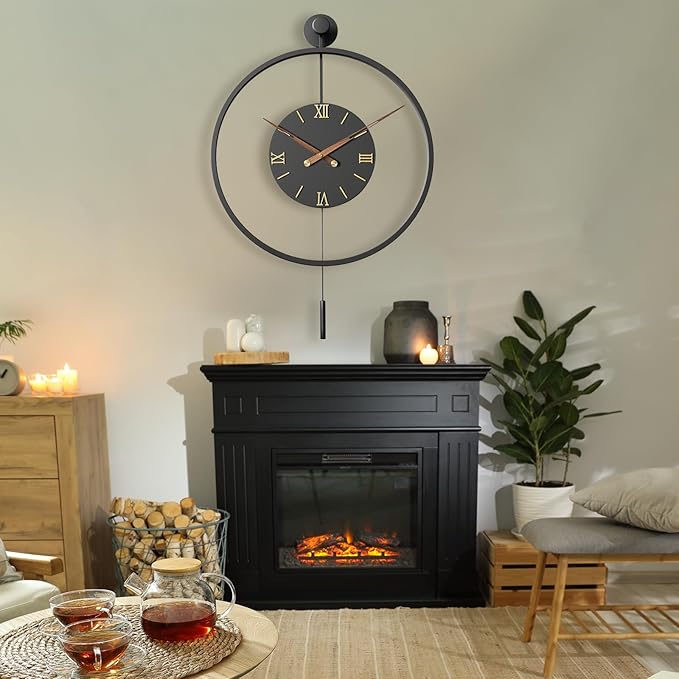 34.6×24 Inch Large Modern Decorative Oversized Pendulum Wall Clocks for Living Room,Big Minimalist Metal 3D Roman Numeral Dial,Classical Wall Clock With Walnut Pointers for Entryway,Dining Room Decor