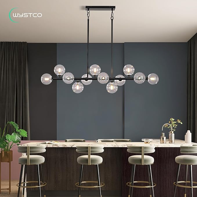 50 Inch Large Sputnik Globe Chandelier, 12-Light Mid Century Modern Light Fixture Over Table, Black Linear Chandeliers for Dining Room Kitchen Island Living (Clear Glass Bubble Shades)