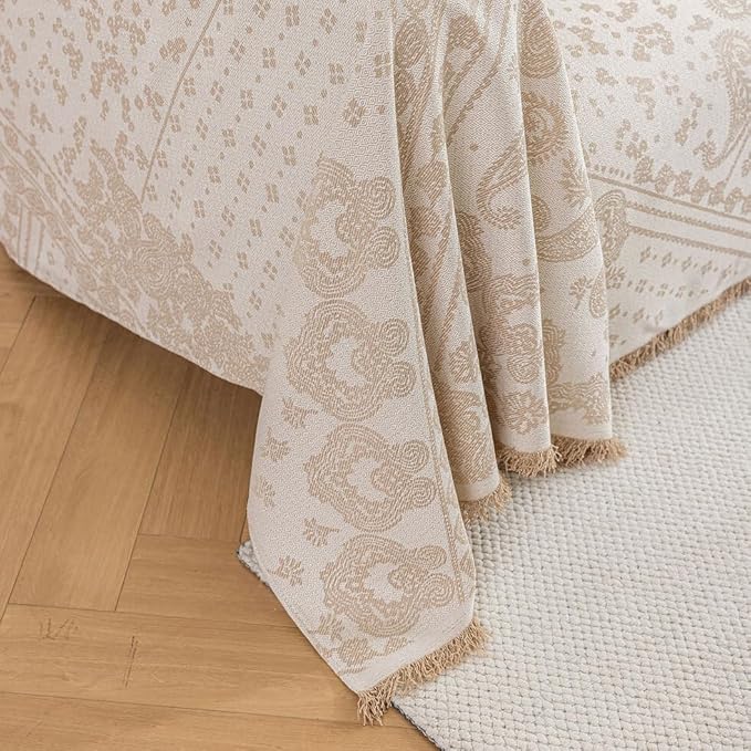 ROOMLIFE Boho Beige Couch Cover for Dogs, Washable Non Slip Furniture Protector Couch Sofa Covers for 3 Cushion Couch, Soft Breathable Sofa Slipcovers Couch Cover Throw Blanket with Tassels71''X150''