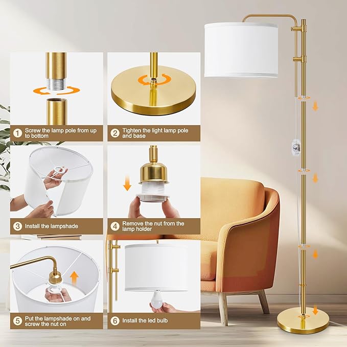 GyroVu Floor Lamp for Living Room, Adjustable Height Standing Lamps with 350ยฐ Rotate White Lampshade, 67.5-Inch Modern Tall Lamp Dimmable Floor Lamps for Corner Bedroom Home Office (Bulb Included)