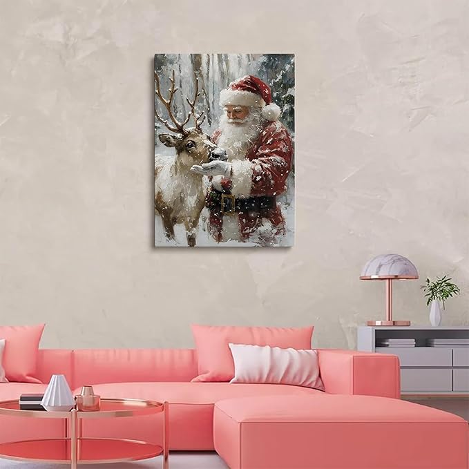 Santa With Reindeer Wall Art Print,Vintage Christmas Farmhouse Prints,Rustic Winter Holiday Decor