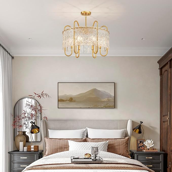 Shrine Lighting Gold Chandeliers, Modern Luxury Style, Perfect Glass Chandeliers for Living Space, D23.4'' × H19.5'', 6 x E12 Sockets, Glass Shade & Brass Finish Frame