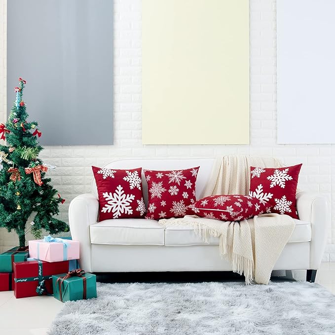 HWY 50 Red Decorative Throw Pillow Covers 16x16 Inch for Couch Sofa Living Room Bed, Soft Christmas Big and Small Snowflakes Print Throw Pillows Cases Cushion Cover Pack of 2