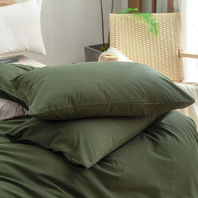 BESTOUCH Duvet Cover Set 100% Washed Cotton Linen Feel Super Soft Comfortable Chic Lightweight 3 PCs Home Bedding Set Solid Olive Green Oversized King
