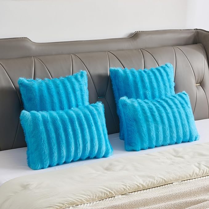 FUTEI Sky Blue Decorative Throw Pillow Covers 16x16 Inch Set of 2,Soft Fluffy Faux Rabbit Fur Dyeing Striped Textured Cushion Case,Modern Home Decor for Couch Bed Living Room