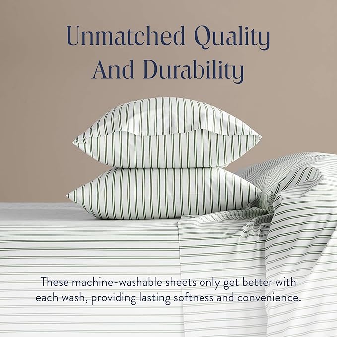 Brooklinen Luxury Sateen 4 Piece Sheet Set - 100% Cotton Bed Sheets, Durable Twin XL Sheets Set in Green Tandem Stripe, Oeko-TEX Certified Bedding Set, 1 Fitted Sheet, 1 Flat Sheet, 2 Pillowcases