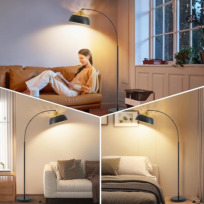 Luvkczc Arc Floor Lamps for Living Room, Black Standing Lamp with Adjustable Hanging Metal Hollow Shade, 71" Tall Pole Lamp with Foot Switch, Over Couch Arched Reading Light for Bedroom, Office