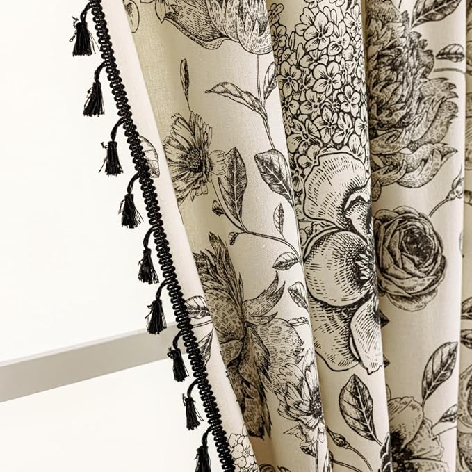 F-CHU Black Floral Farmhouse Curtains Living Room Drapes 90 Inch Length Cotton Linen Boho Window Curtain with Tassel Rod Pocket Bedroom Macrame Drapes Flower Curtains, 1 Panel