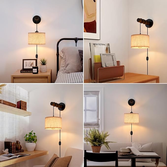 Plug in Wall Sconces Set of 2, Farmhouse Wall Lamp with 5.9FT Plug in Cord, Dimmable Hanging Wall Lighting with Fabric Shade, Adjustable Wall Mount Lights for Bedroom Living Room, Wooden Arm