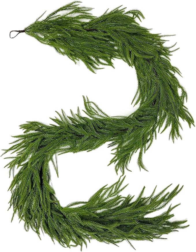 6FT Christmas Norfolk Pine Garland, Real Touch Faux Green Garlands, Holiday Decor Winter Artificial Greenery Garland for Mantle, Stairs, Table, Fireplace, Indoor & Outdoor Xmas Decorations