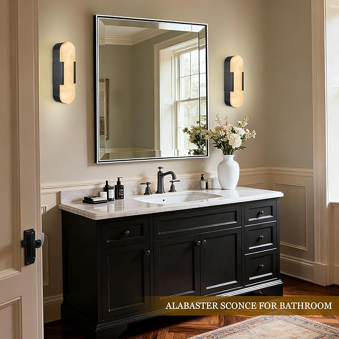 Alabaster Wall Sconce, 13.8" Natural Marble Wall Sconce, Black Alabaster Sconces, Indoor Modern Bathroom Sconces Wall Lighting for Living Room, Bedroom, Hallway, Stairs