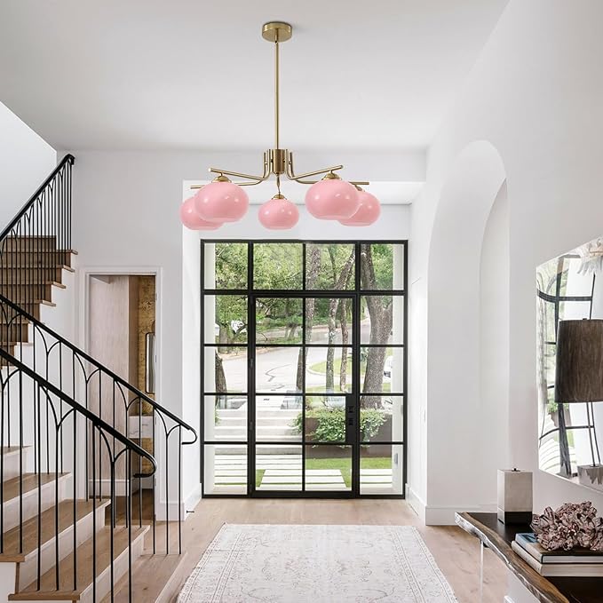KCO Lighting Modern Pink Chandelier Pink Glass Pendant Light 5 Lights Gold Large Globe Chandelier Mid Century Flush Mount Ceiling Light Fixture for Dining Room Kitchen Island Living Room