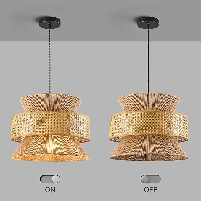 Rattan Pendant Light Fixture,Ceiling Bohemian Chandelier Rattan Flush Mount Hanging Light Fixture Woven Lamp Basket Chandelier for Kitchen Island Hallway Bedroom Dinning