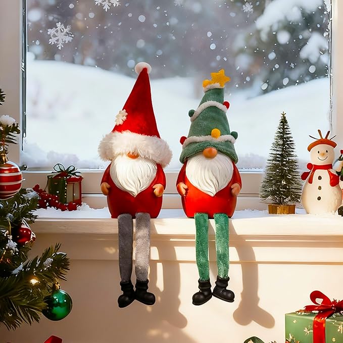 Resin Christmas Gnomes Decoration - 2PCS Xmas Long Dangle Leg Winter Gnomes Handmade, Gift Swedish Scandinavian Santa Claus Collectible Figurines for Home Table Ornament, Tiered Tray Decor