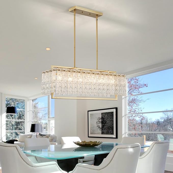 Shrine Lighting Gold Chandeliers, Modern Design, Rectangular Glass Chandelier for Living Space, L30'' × W10'' × H12'', Adjustable 78'', 6 x E12 Sockets, Glass LampShade & Brass Finish Frame