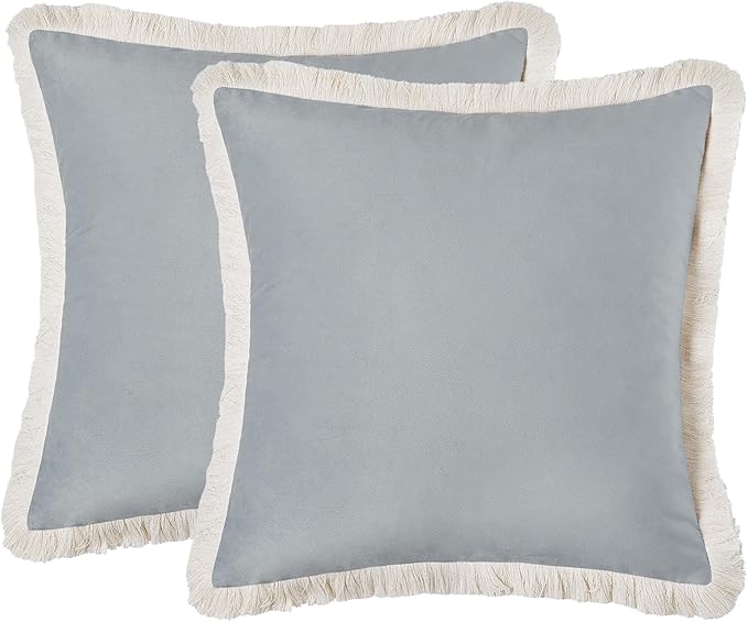 MONDAY MOOSE Decorative Throw Pillow Covers Cushion Cases, Set of 2 Soft Velvet Modern Fringe Tassel Designs, Mix and Match for Home Decor, Pillow Inserts Not Included (Powder Blue, 18x18 inch)